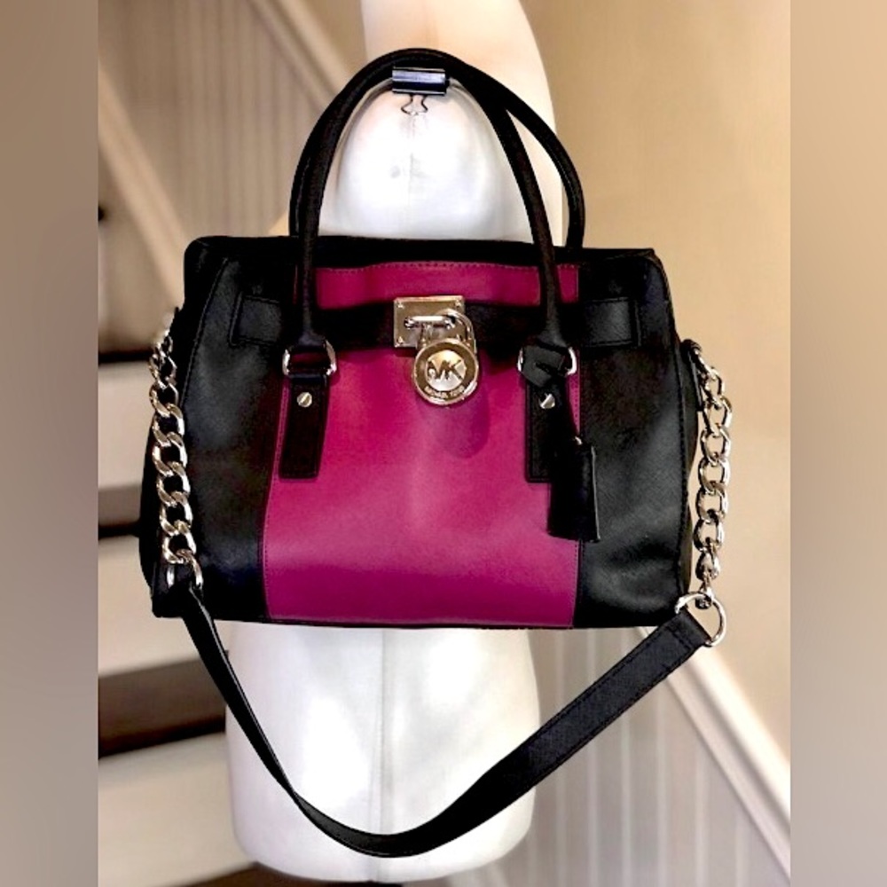 MICHAEL KORS Fuchsia & Black Saffiano Leather Satchel w Silver Chain Crossbody